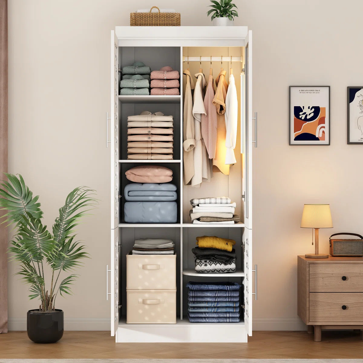 Spacious 75.6'' H Armoire – 3 Woven Doors Wardrobe with Mirror & Sensor Light OUCH CART