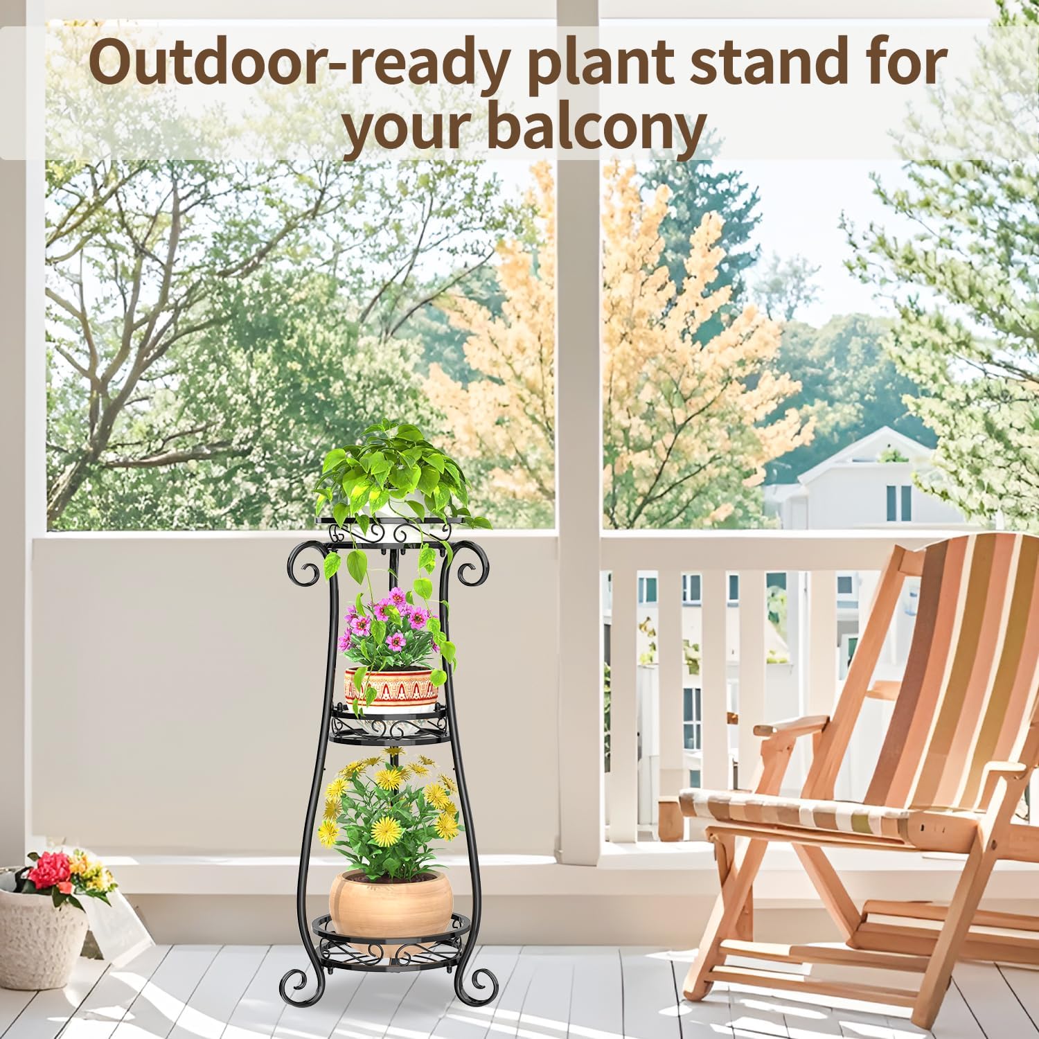 Ouch Cart 3 Tier Black Metal Plant Stand for Multiple Large Planters Indoor Outdoor Organizer, Heavy Duty Tall Flower Stand for Corner Patio Bathroom Office, Modern Sturdy Vertical Iron Rack