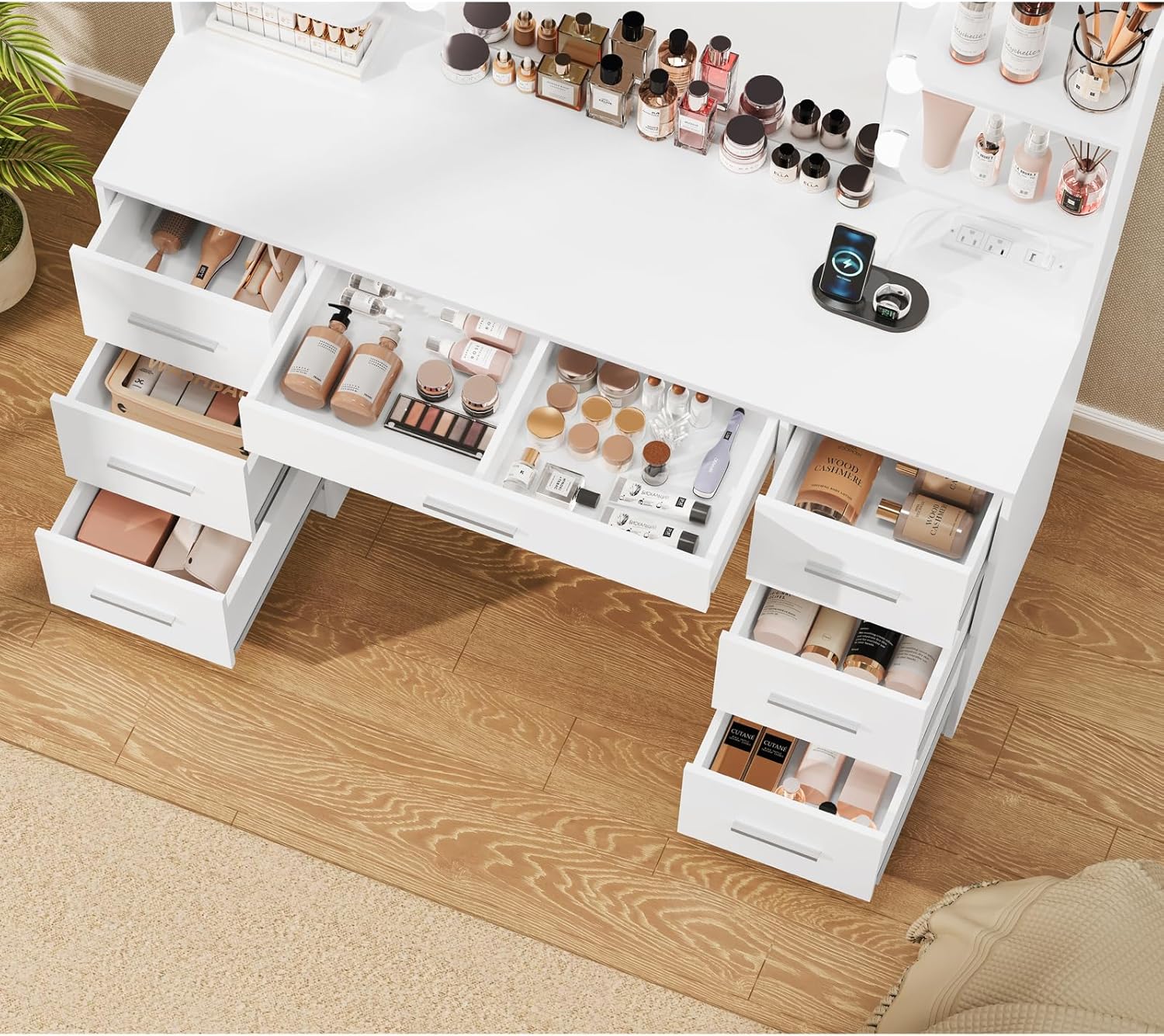Large Vanity Desk with LED Lighted Mirror & Power Outlet,Makeup Vanity Table with 7 Drawers,4 Shelves and 5 Hooks,Vanity Table, Vanity Desk Set for Bedroom,Bathroom,White