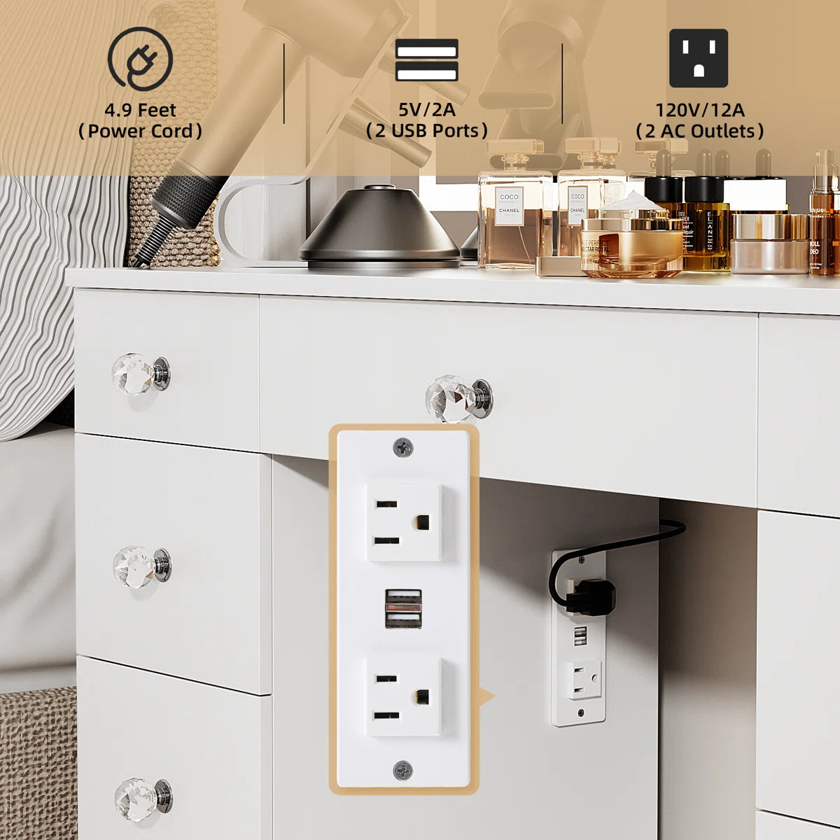Greyden Lighted Vanity Set with LED Mirror, Diamond Handles on 9 Drawers, and Built-In Power Outlet