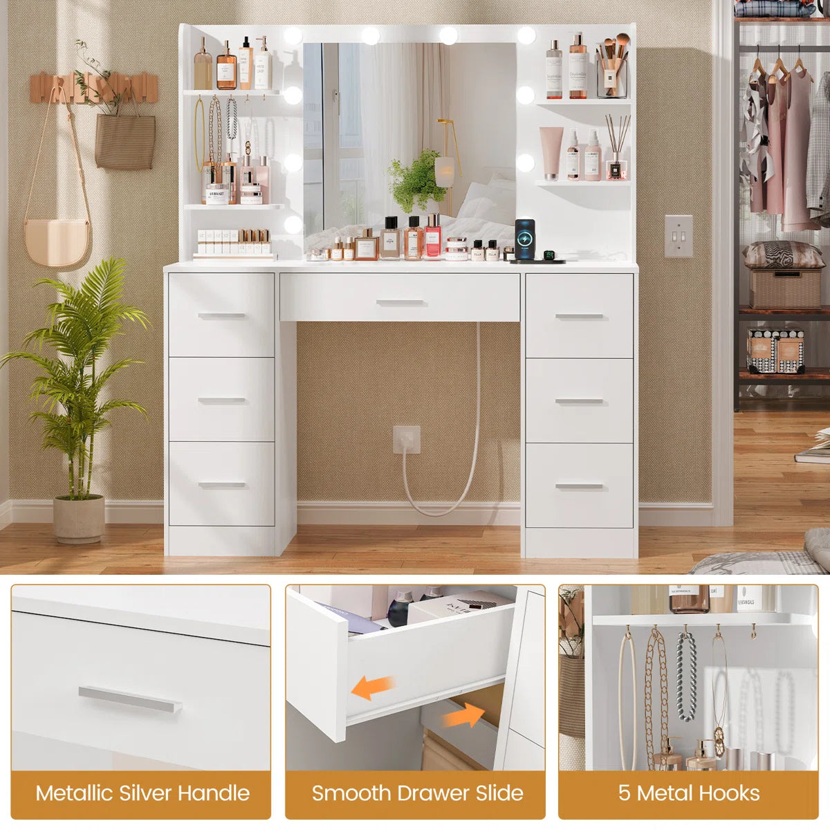 Camyla Large Makeup Vanity Table with LED Mirror, 7 Drawers, 4 Storage Shelves, Jewelry Hooks & Power Outlet