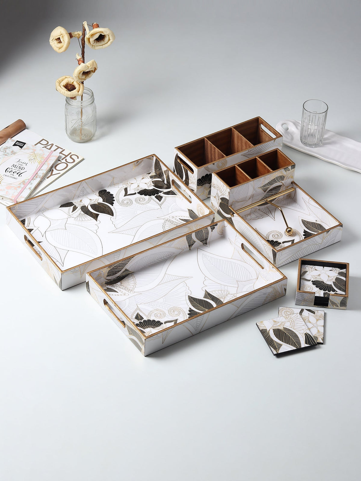 Ivory Noir Bloom Tray Set of 2 M.M.I. OVERSEAS