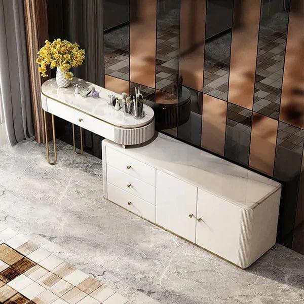 Javiera Modern Marble Top Makeup Vanity Dressing Table with Corner Cabinet, Modern Vanity Desk, Makeup Vanity with LED Mirror and 4 Spacious Drawers, Makeup Desk with Cabinet, Dressing Table with Silent Drawer Slides - Ouch Cart