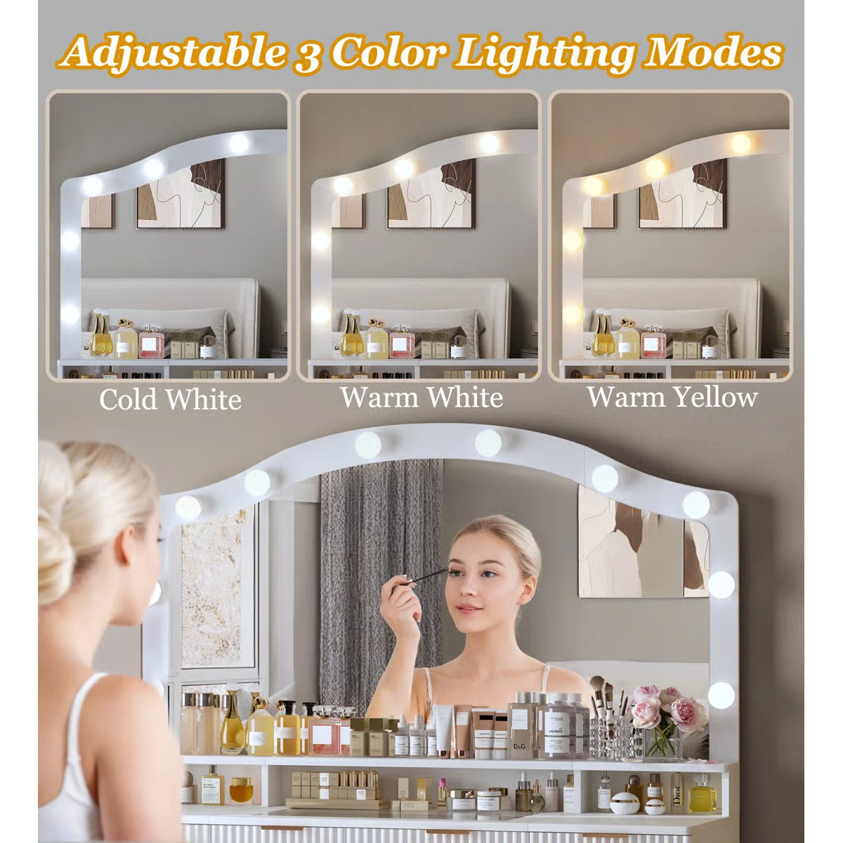 Modern 9-Drawer Makeup Vanity with Lighting and Electrical Outlets