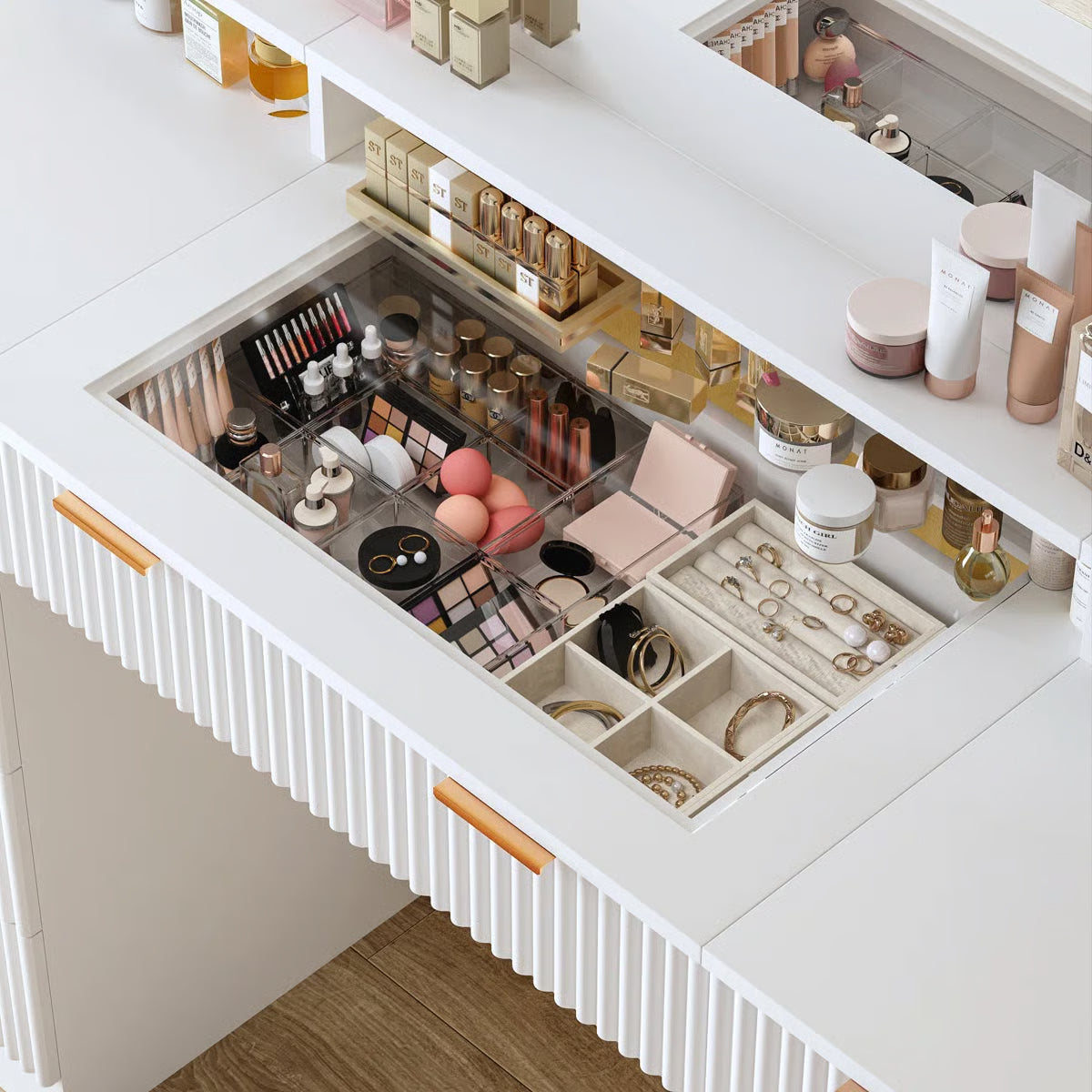 Modern 9-Drawer Makeup Vanity with Lighting and Electrical Outlets