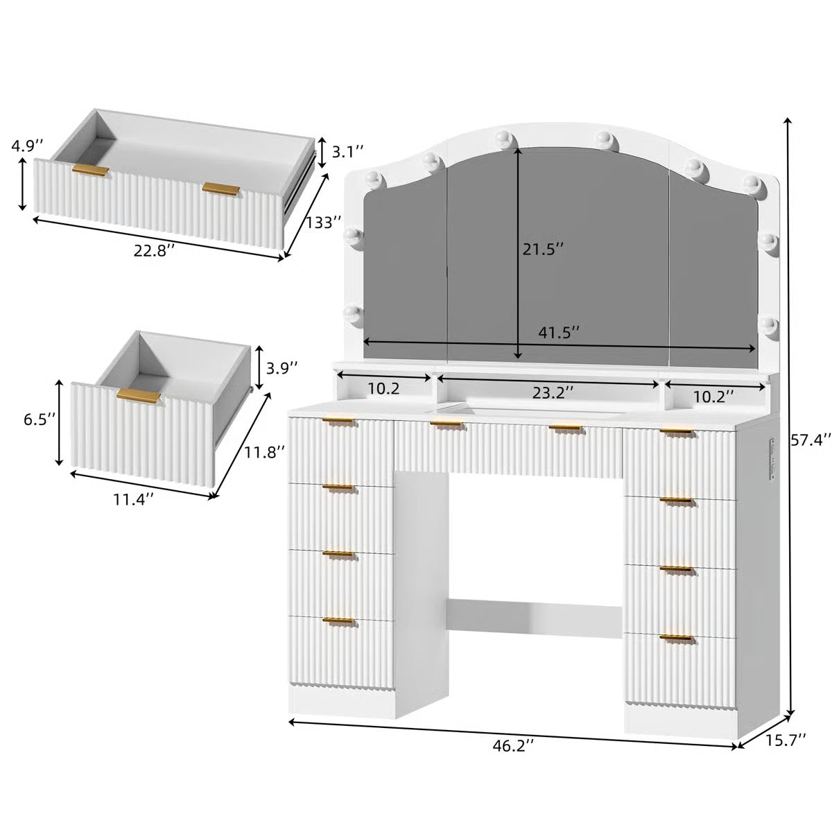 Modern 9-Drawer Makeup Vanity with Lighting and Electrical Outlets