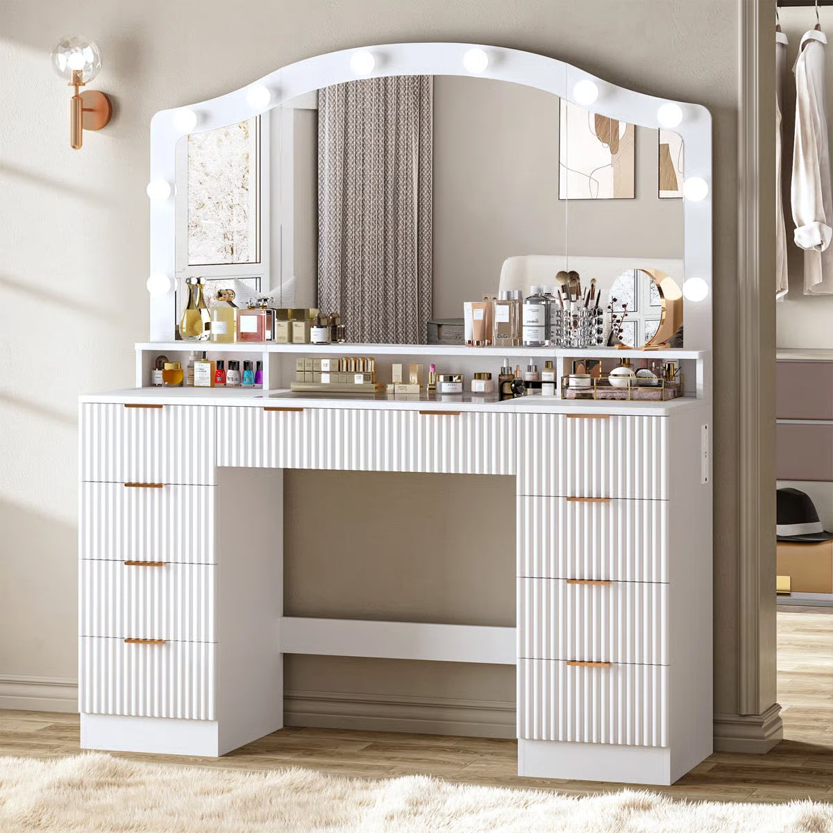 Modern 9-Drawer Makeup Vanity with Lighting and Electrical Outlets