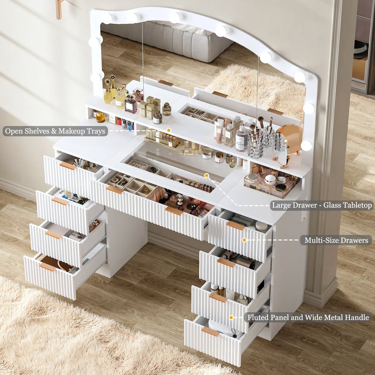Modern 9-Drawer Makeup Vanity with Lighting and Electrical Outlets