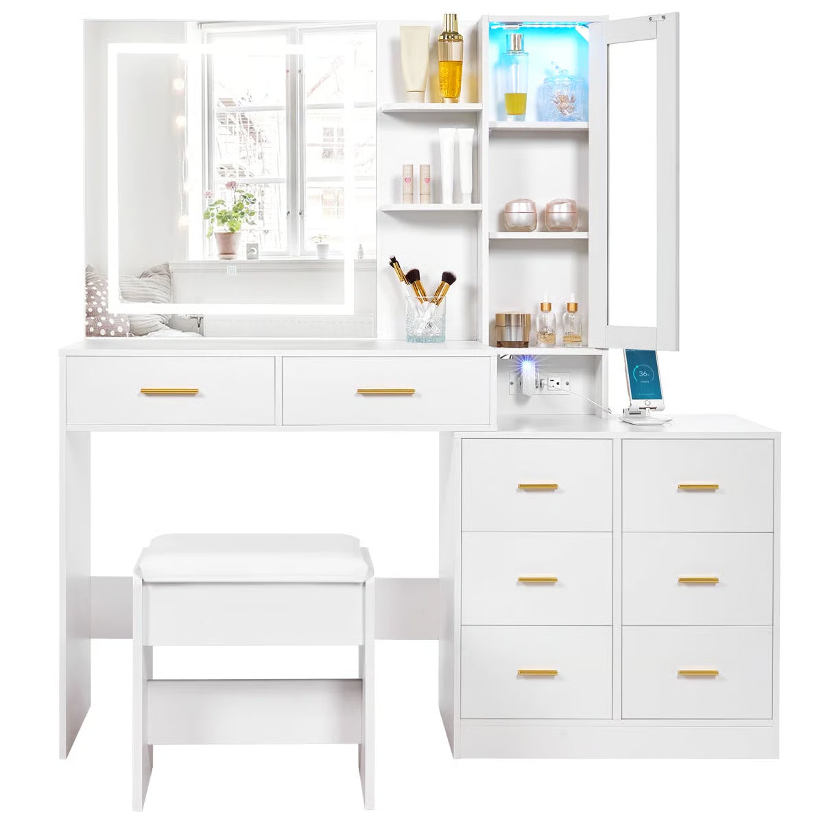 Adriel 51.8" Modern Makeup Vanity with Mirror, LED Lights, and RGB Cabinet Storage