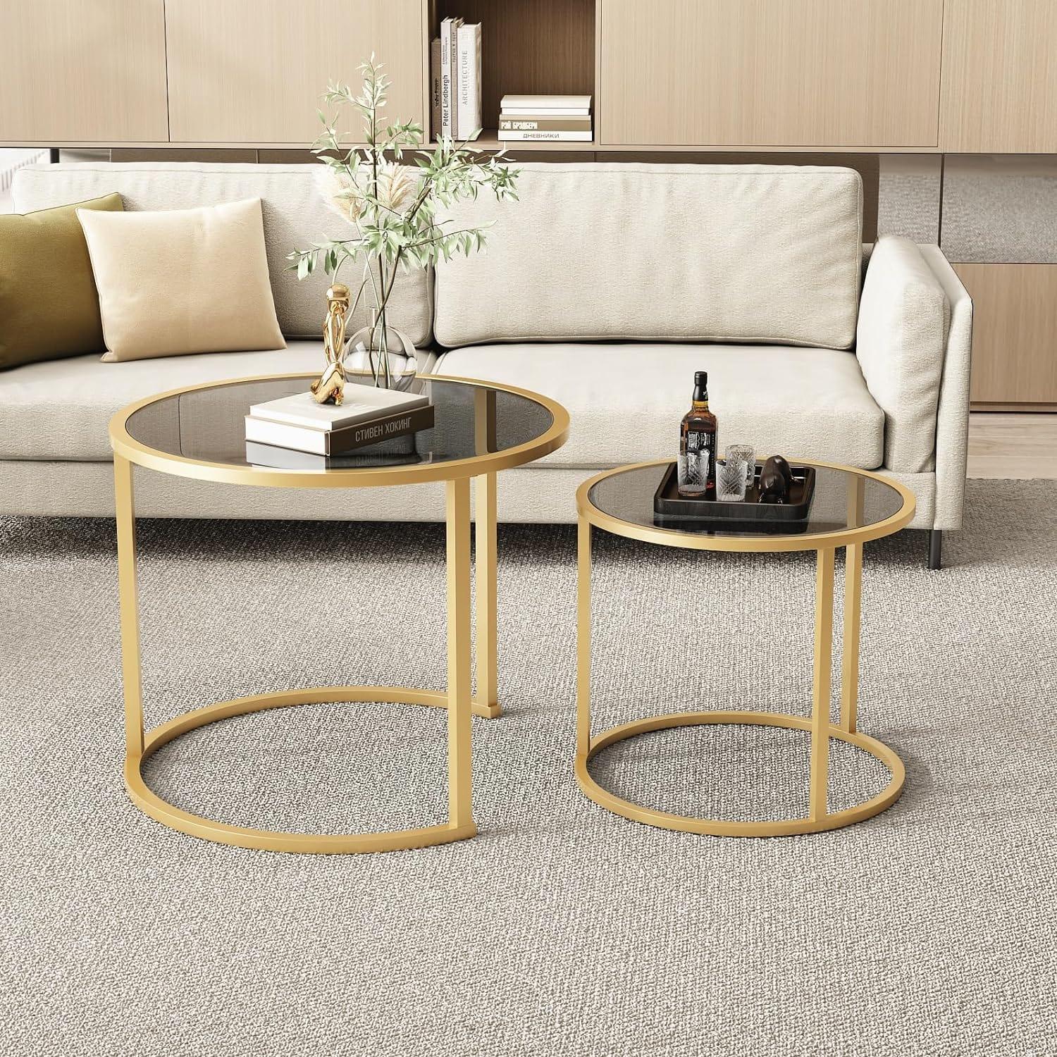 Gold Nesting Coffee Table Set of 2, Modern Tempered Glass Side Table, Metal Frame Table for Living Room, Office,Home Decor - Ouch Cart