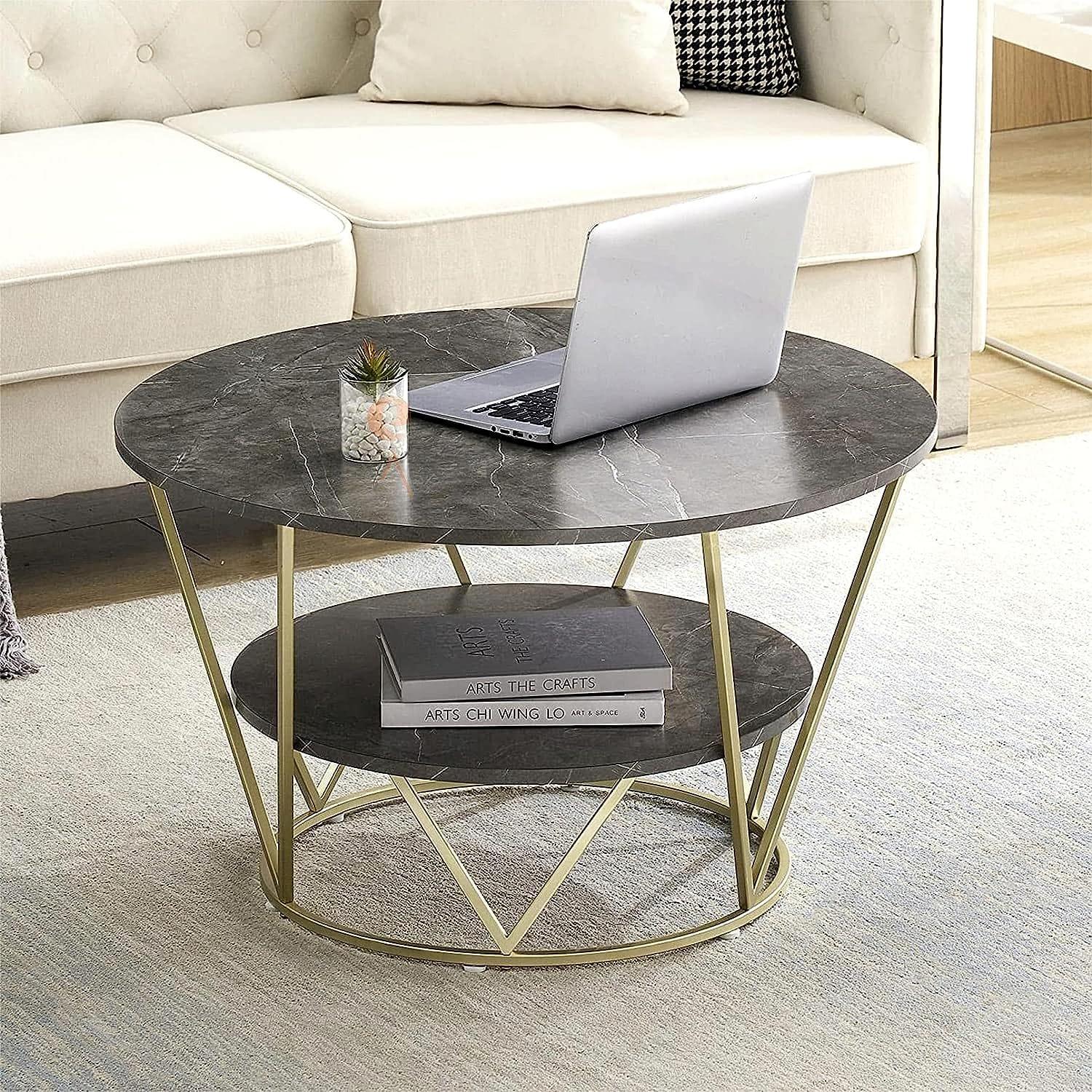 Round Coffee Table for Living Room, Round Cocktail Table with Storage, Sofa Table with Shelf Accent Tables Metal Frame for Living Room - Ouch Cart