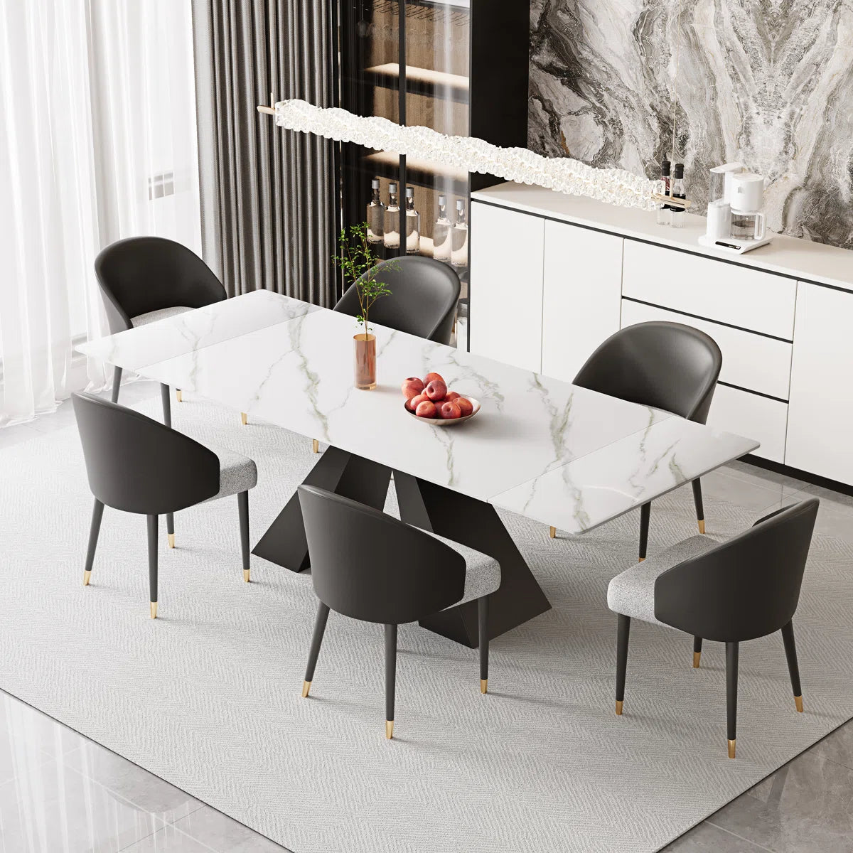 Dining Table Set With Rectangular Sintered Stone Top And 6 Faux Leather Chairs OUCH CART