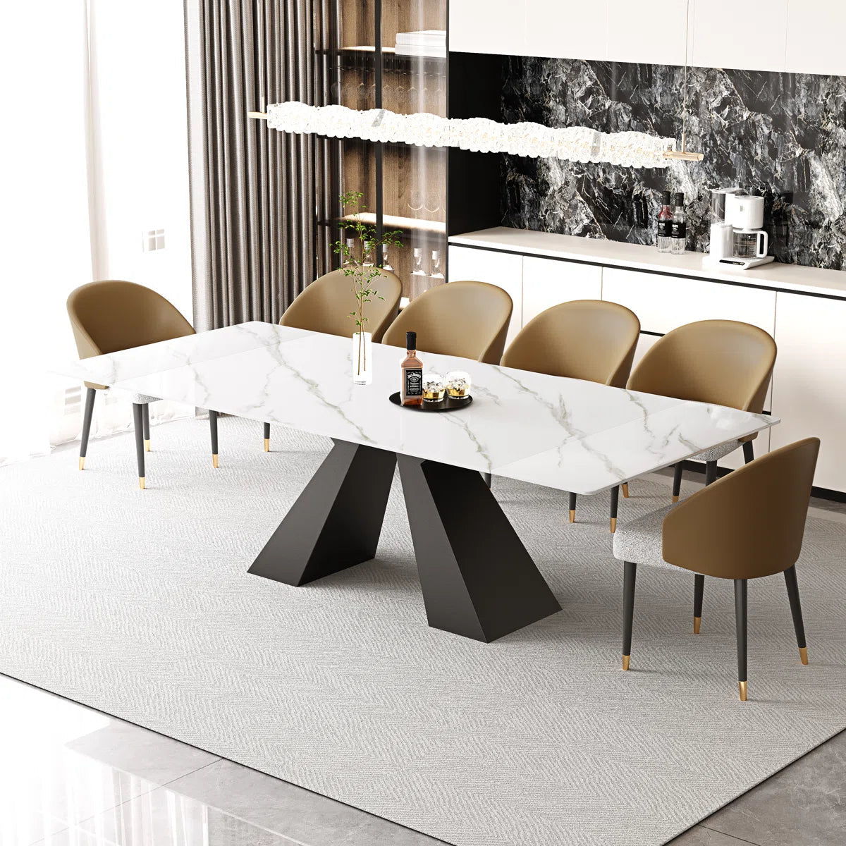 Dining Table Set With Rectangular Sintered Stone Top And 6 Faux Leather Chairs OUCH CART