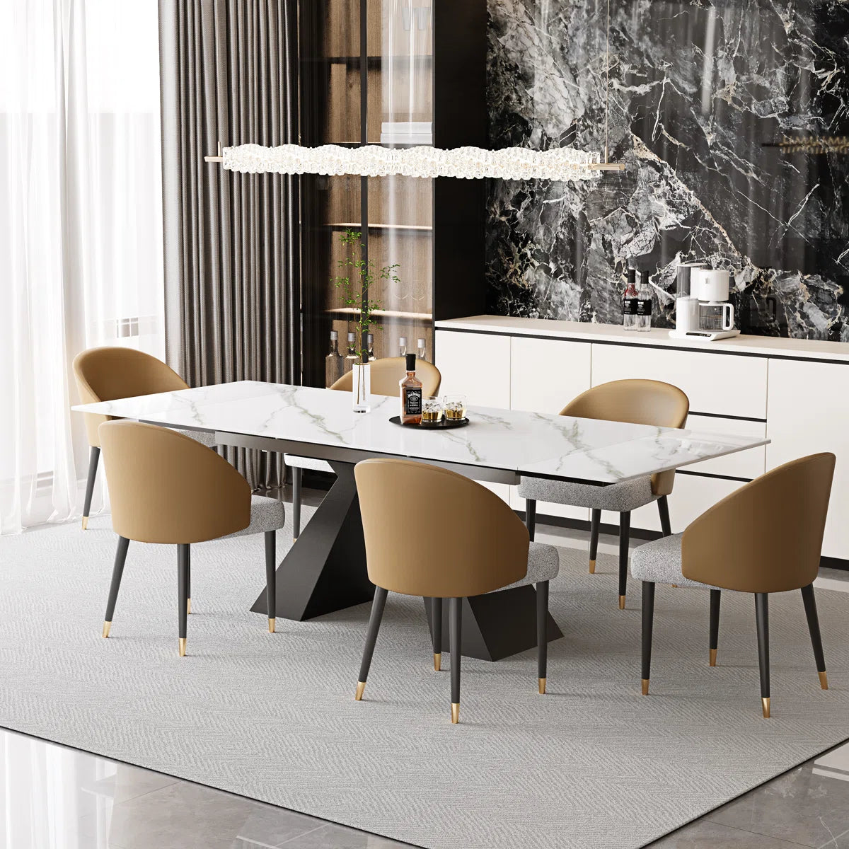 Dining Table Set With Rectangular Sintered Stone Top And 6 Faux Leather Chairs OUCH CART