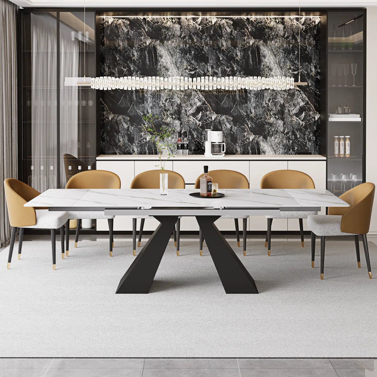 Dining Table Set With Rectangular Sintered Stone Top And 6 Faux Leather Chairs OUCH CART
