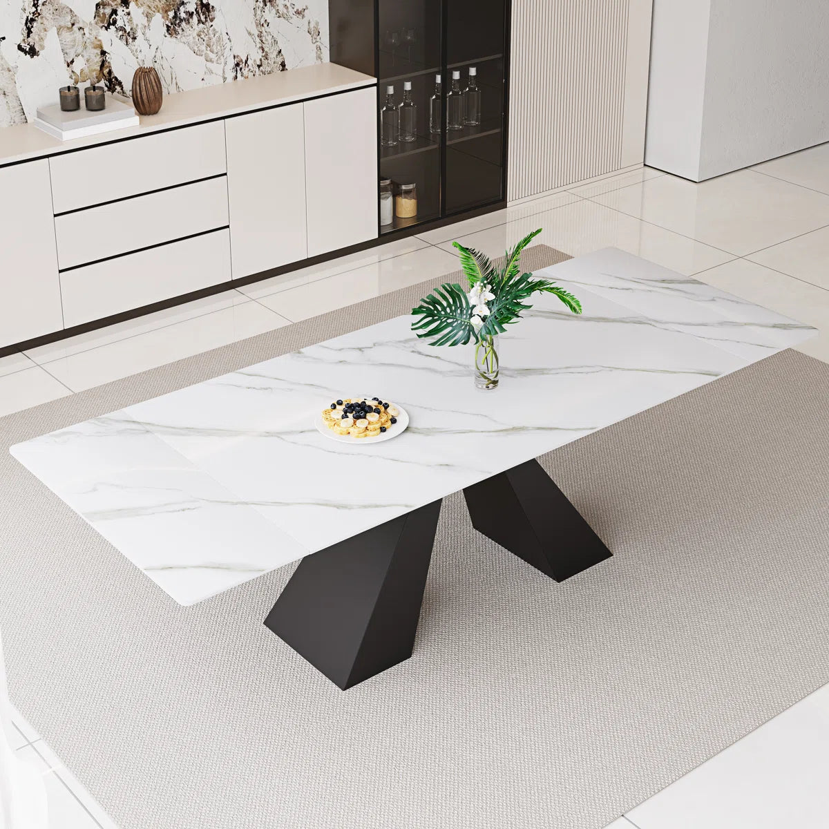 Dining Table Set With Rectangular Sintered Stone Top And 6 Faux Leather Chairs OUCH CART