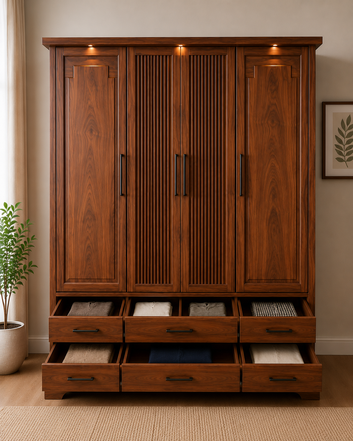 Modern 4 Door Wooden Wardrobe with 6 Storage Drawers OUCH CART