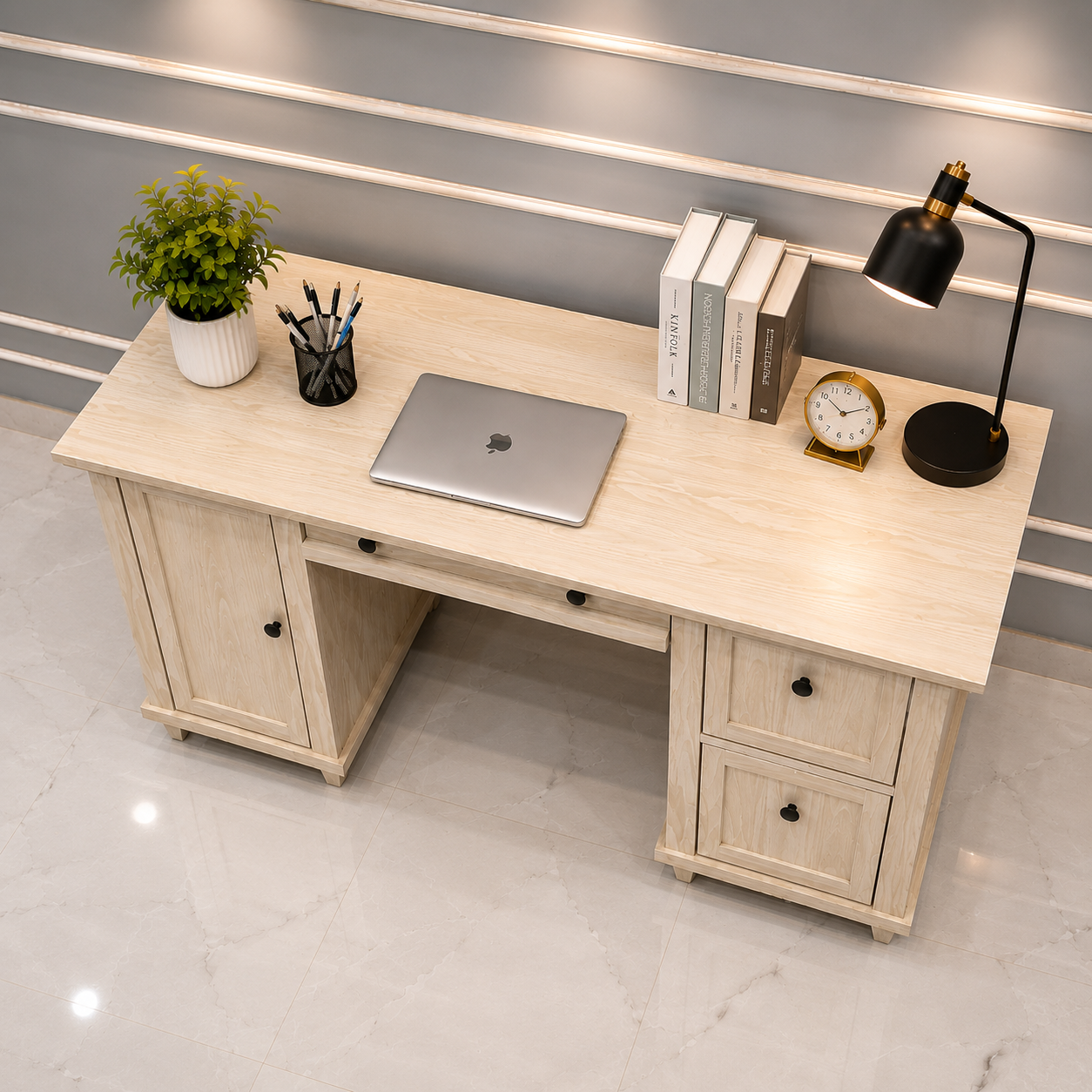 Modern Wooden Office Desk with Storage Cabinet & File Drawers Ouch Cart