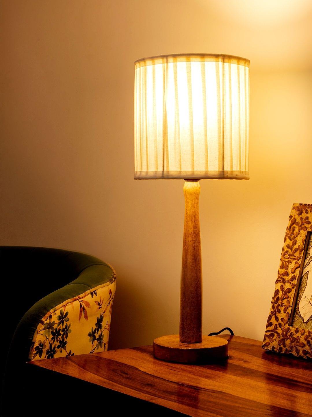 Wooden Brown Lamp with pleeted Balck Shade - Ouch Cart