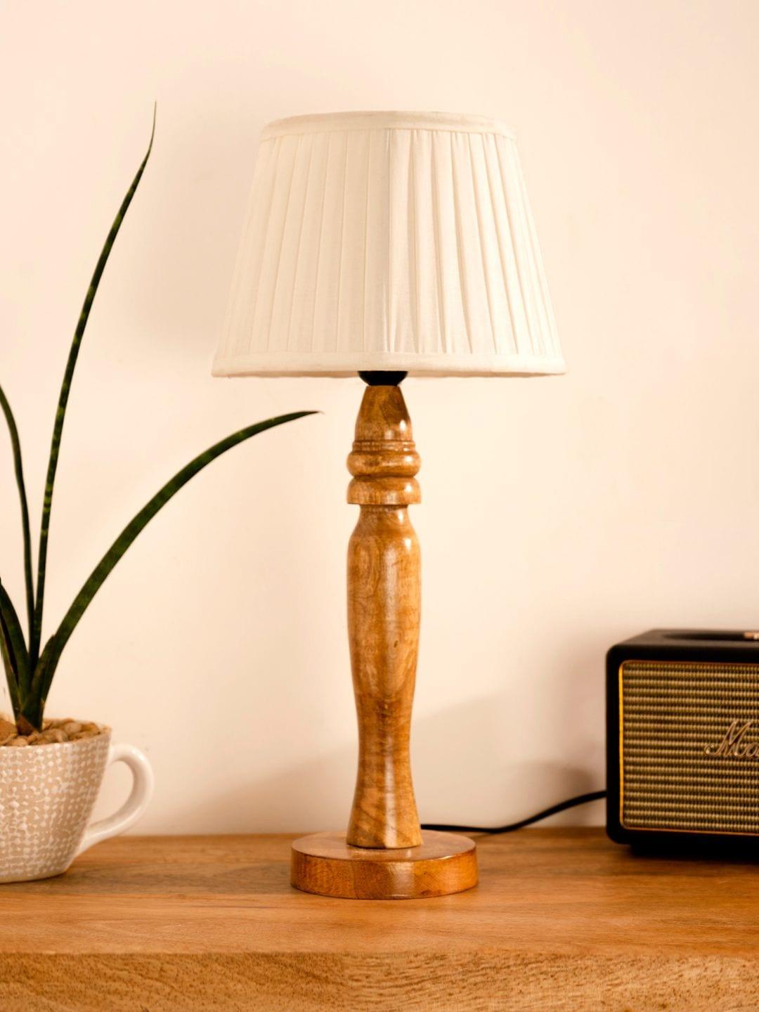 Wooden Round Brown Lamp with pleeted White Taper soft Shade - Ouch Cart
