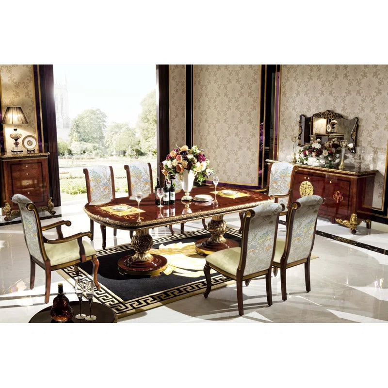 Luxury Walnut Solid Wood Dining Set with Gold Accents & Upholstered Floral Chairs – Long Statement Dining Table Ouch Cart