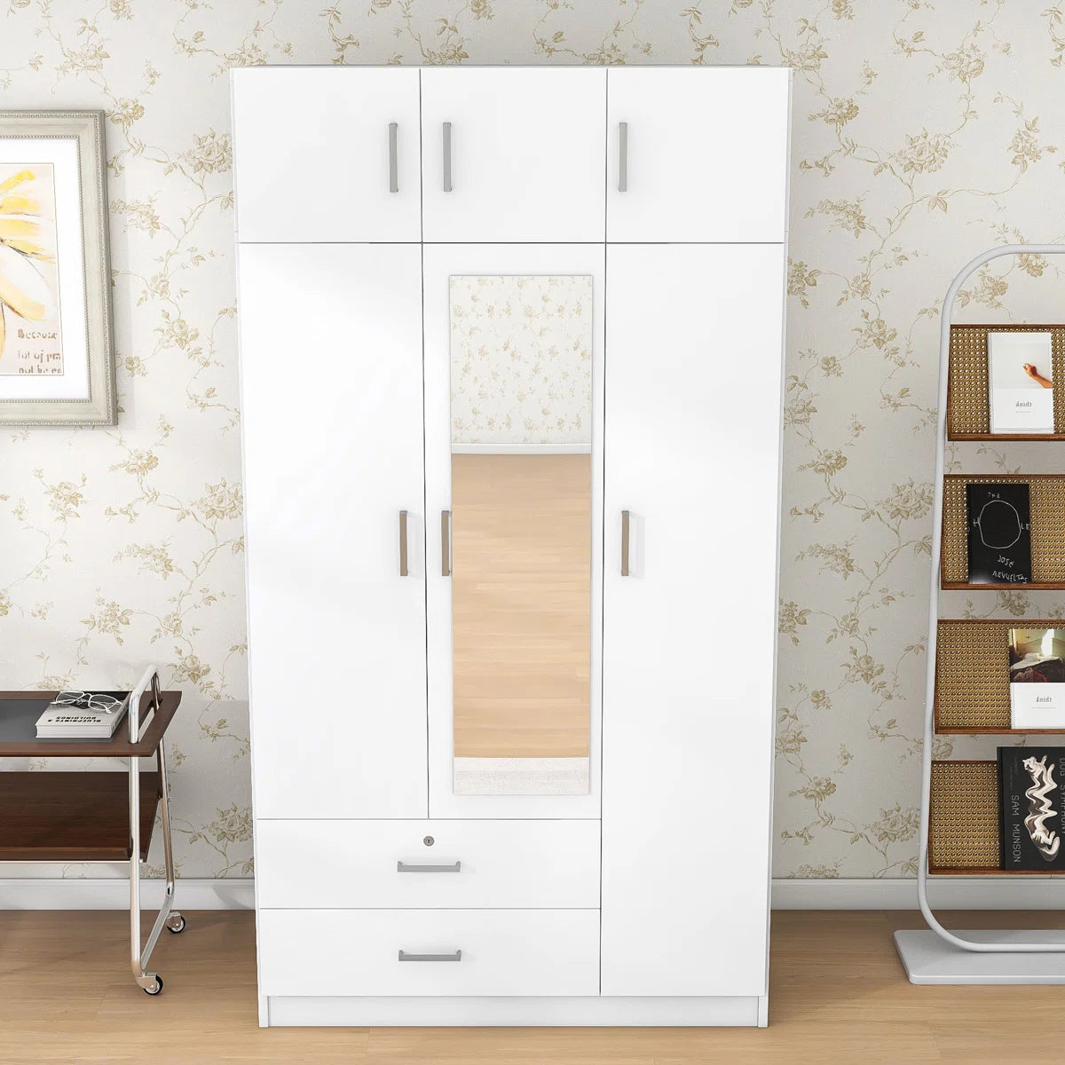Izzat Solid Wood Wardrobe – Freestanding Armoire with Built-In Mirror & Top Cabinet