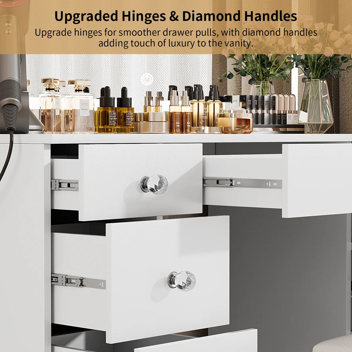 Greyden Lighted Vanity Set with LED Mirror, Diamond Handles on 9 Drawers, and Built-In Power Outlet- Ouch Cart | Dressing table