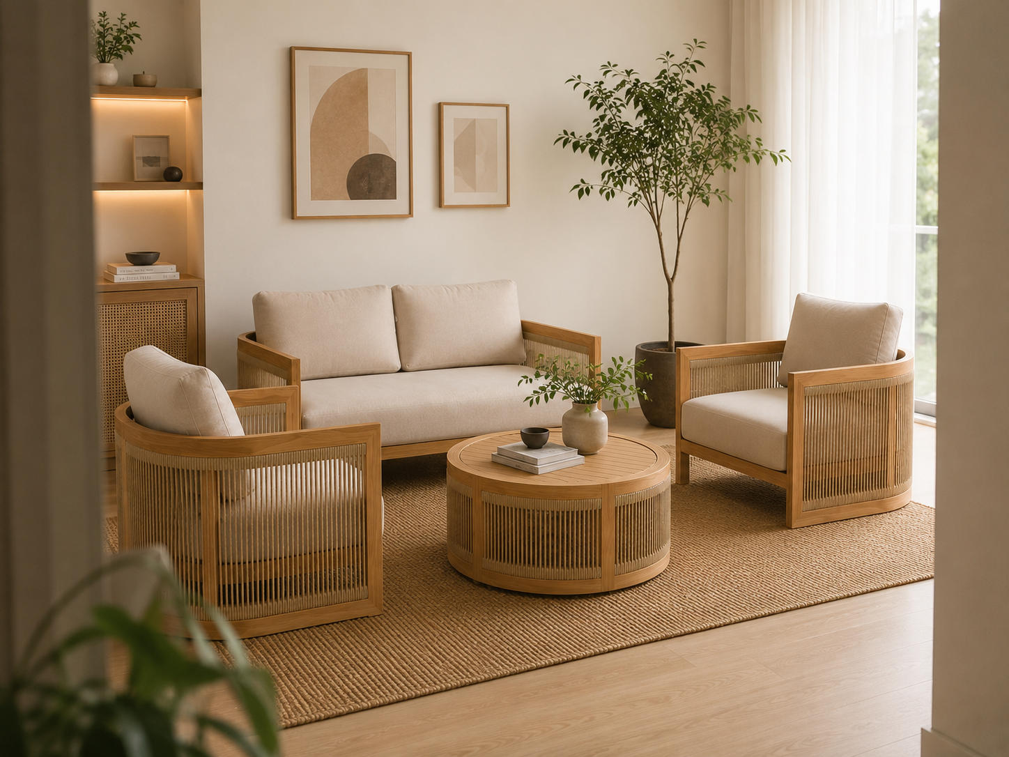 Modern Wooden Cane Accent Chair | Solid Wood Single Seater Sofa | Upholstered Lounge Chair for Living Room OUCH CART