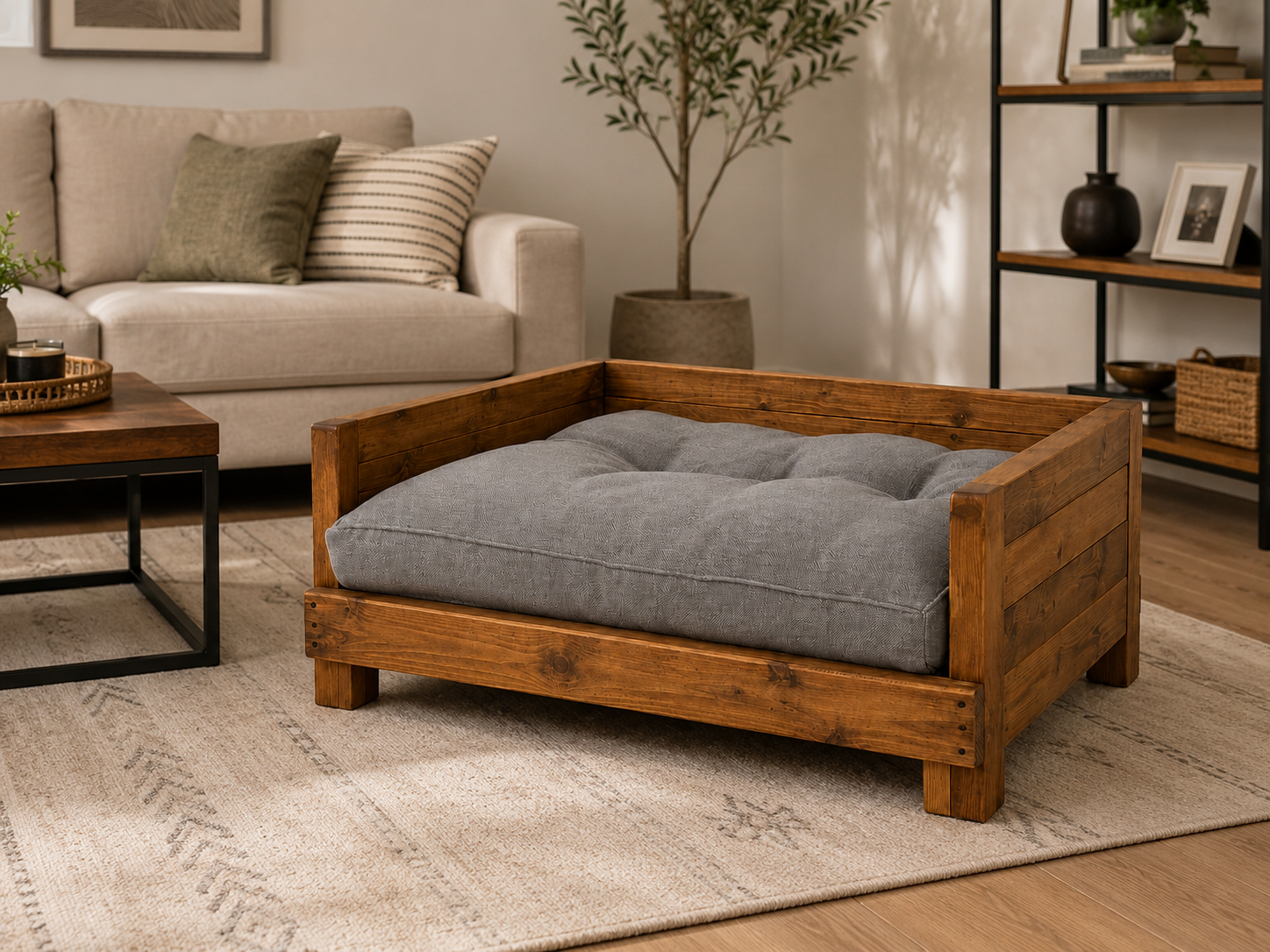 Solid Wood Dog Bed with Plush Cushion | Luxury Elevated Wooden Pet Sofa for Small & Medium Dogs OUCH CART