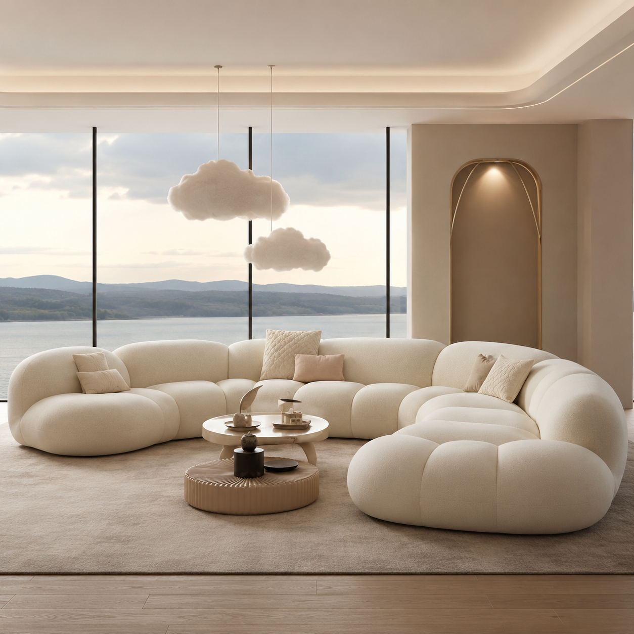 Ouch Cart Modern Curved Bouclé Sectional Sofa – Luxury Cloud Couch for Living Room | Plush Upholstered Contemporary Designer Sofa