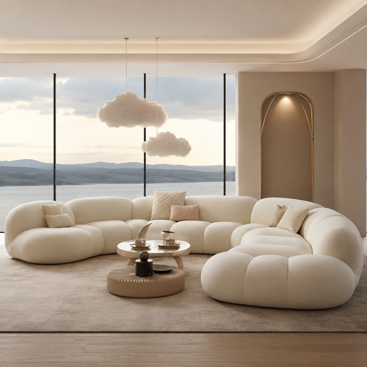 Ouch Cart Modern Curved Bouclé Sectional Sofa – Luxury Cloud Couch for Living Room | Plush Upholstered Contemporary Designer Sofa OUCH CART
