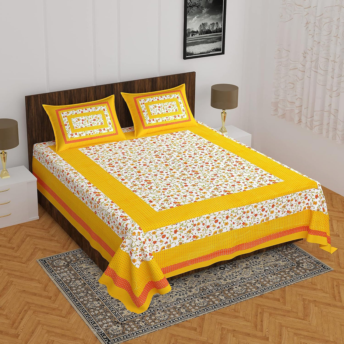 Fabrics Jaipur 100% Cotton Jaipuri Double Queen Bedsheet with 2 Pillow Covers | Bindiya Yellow | 160 TC | Superfine Floral Screen Print | Summer Bedsheet OUCH CART