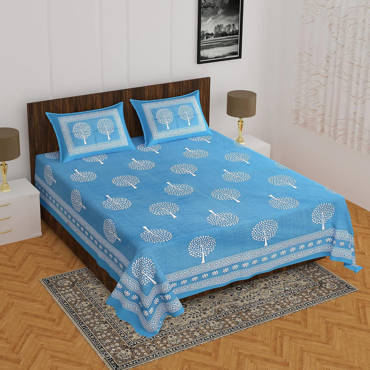 Pure Cotton Jaipuri Double Queen Bedsheet with 2 Pillow Covers | 90 x 100 Inches | 144 TC | Dark Blue Botanical Print | Soft & Breathable Flat Bedsheet