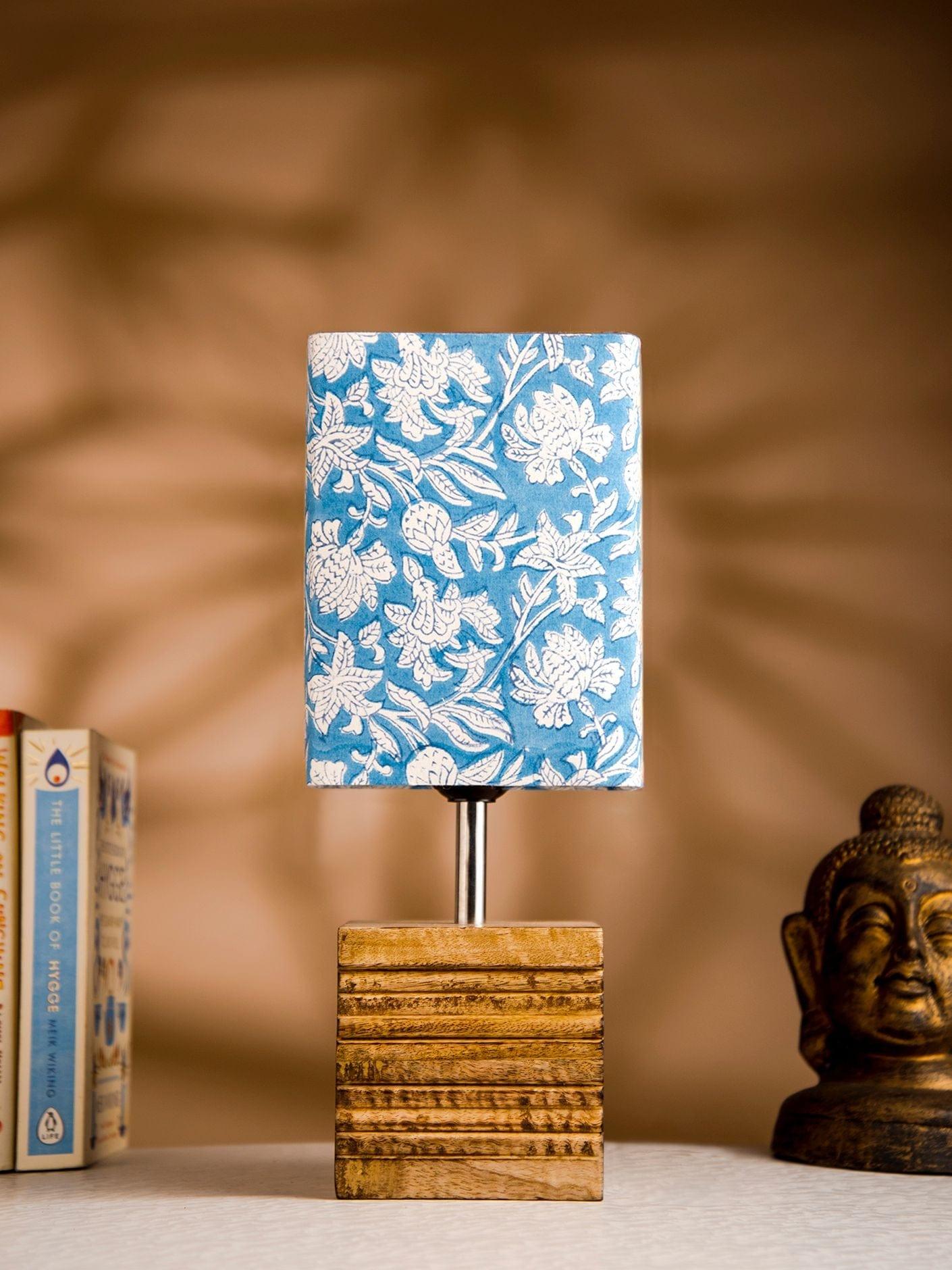 Wooden Stripped Cube Lamp with Colorful Blue Shade - Ouch Cart