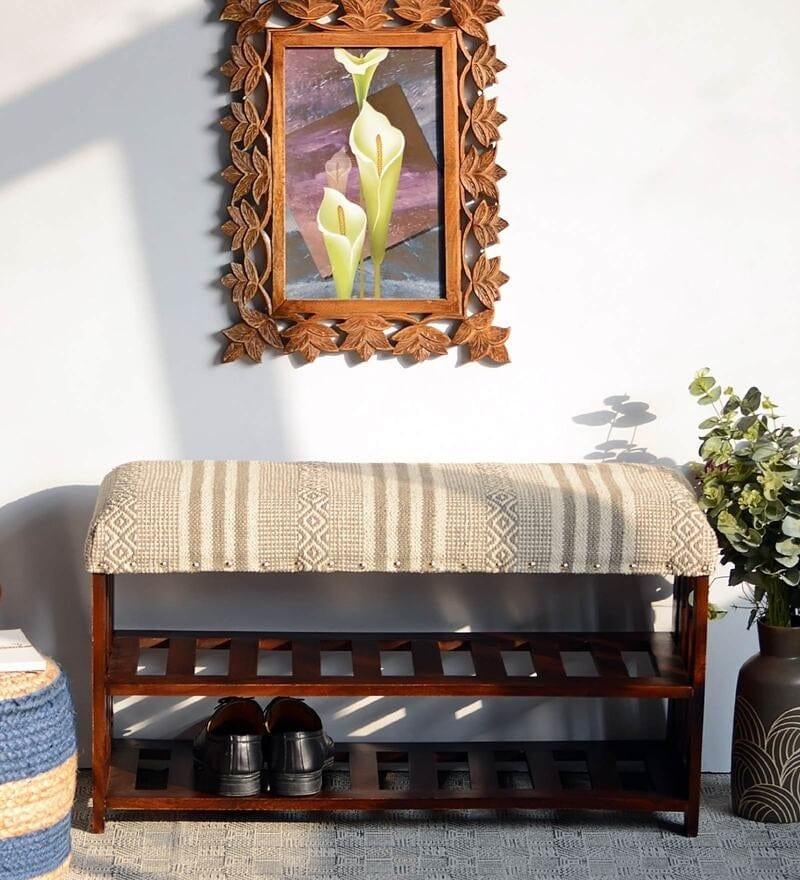 Tisy Mango Wood Storage Bench In Cotton Grey Colour - Ouch Cart