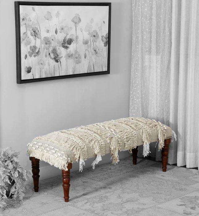morrila Mango Wood Bench In Cotton White Colour - Ouch Cart