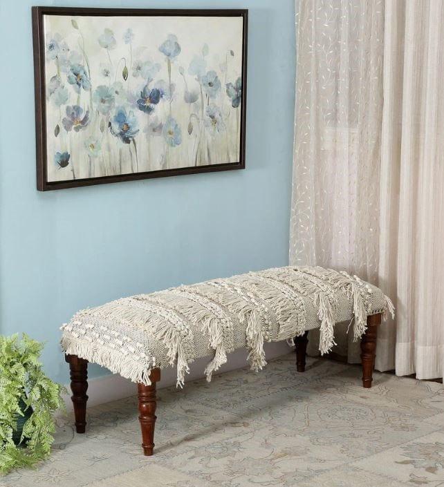 morrila Mango Wood Bench In Cotton White Colour - Ouch Cart
