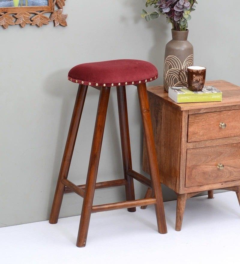 Bira Mango Wood Bar Stool In Velvet Red Colour - Ouch Cart