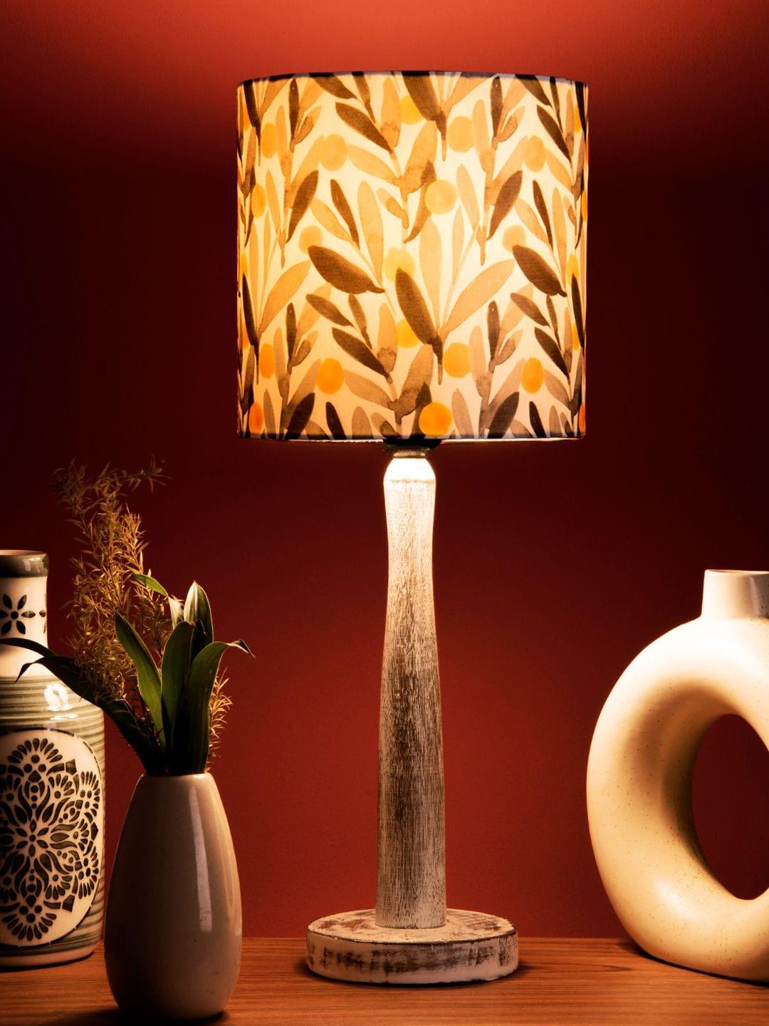 Distress White Wooden Lamp with Yellow Leaf Shade - Ouch Cart