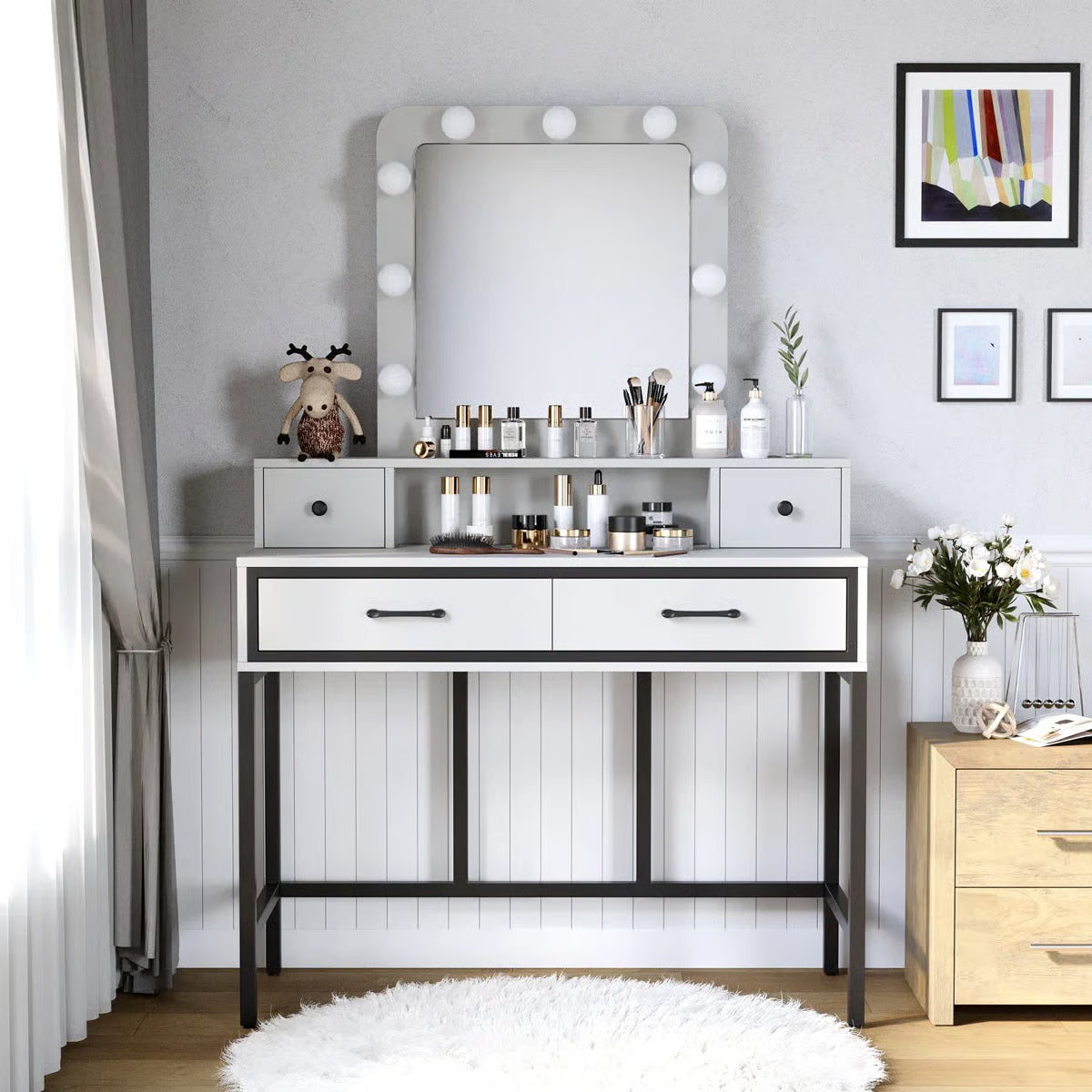 Abdulaleem Lighted Makeup Vanity Table with Storage Drawers-OUCH CART |Dressing table