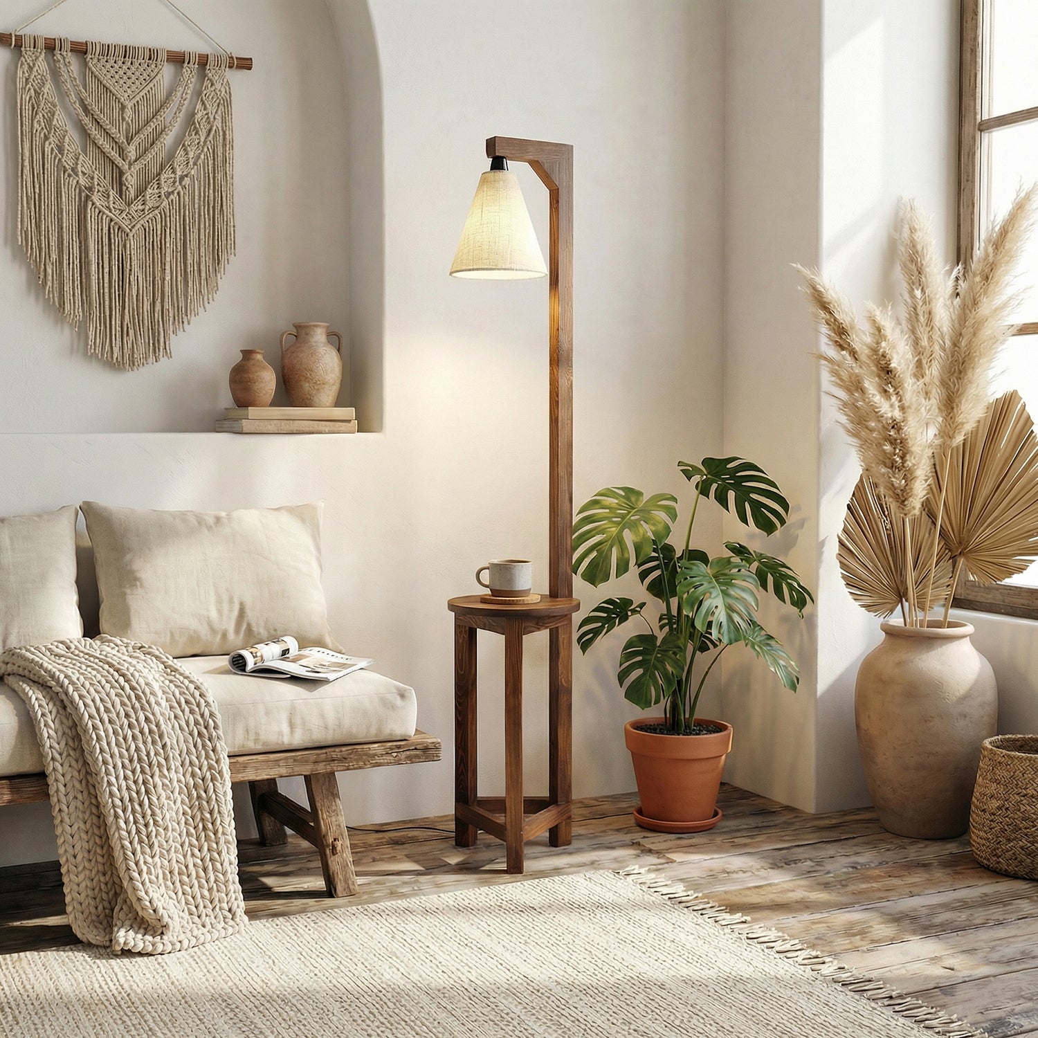 Accent Wooden Floor Lamp with Brown Base and Beige Fabric Lampshade (BULB NOT INCLUDED)