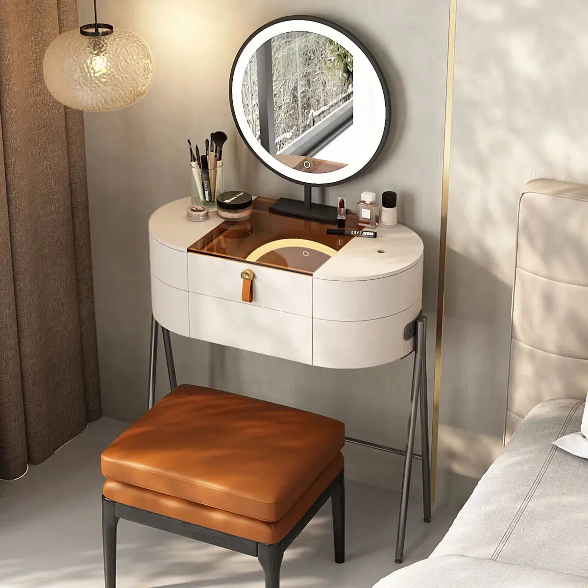 Adaisia Glass Top Makeup Vanity Set with Comfortable Stool High Quality and Easy Assembly- OUCH CART |Dressing table