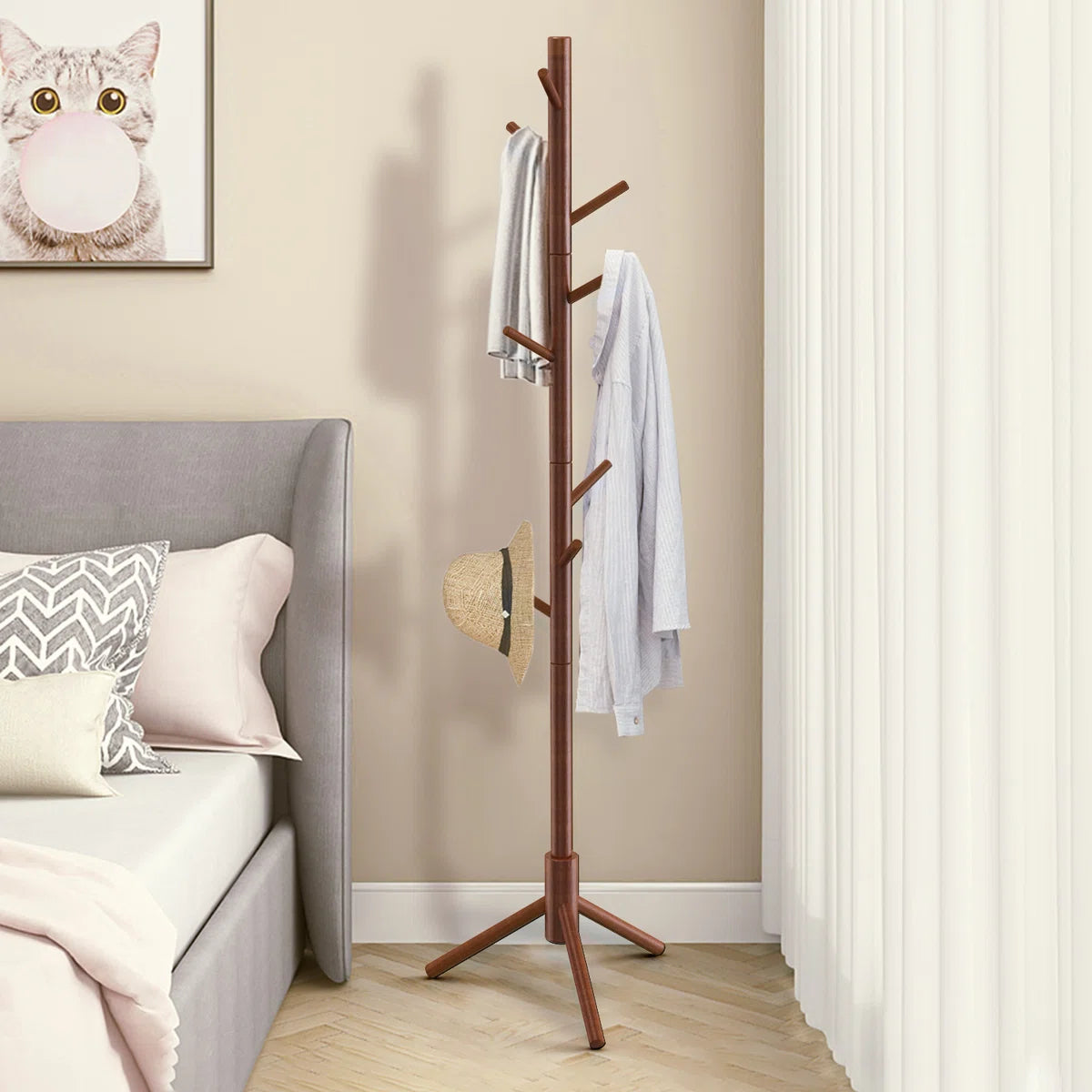 Hook Freestanding Adjustable Solid Wood Coat Rack for Bedroom, Closet, Entrance