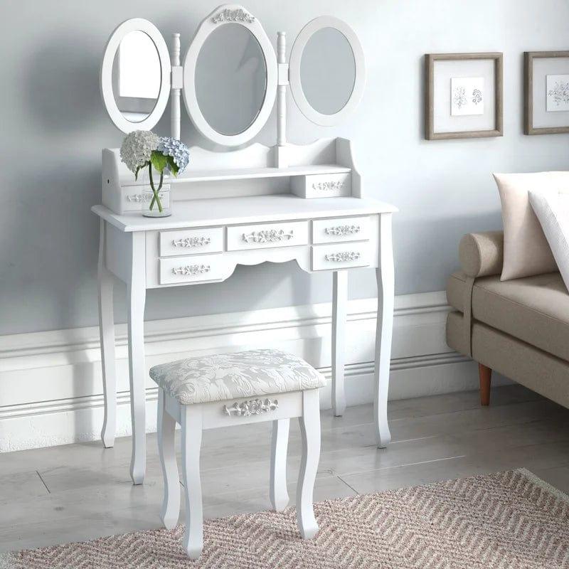 GAOMON Vanity Desk with Mirror, Wood Makeup Dressing Table with Oval Mirror & Stool, Modern Bedroom Dressing Table with 7 Large Drawers for Kids Women Girls,White - Ouch Cart