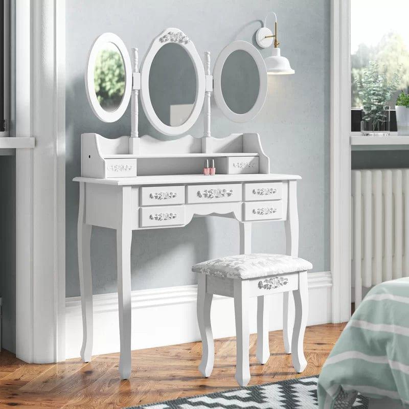 GAOMON Vanity Desk with Mirror, Wood Makeup Dressing Table with Oval Mirror & Stool, Modern Bedroom Dressing Table with 7 Large Drawers for Kids Women Girls,White - Ouch Cart