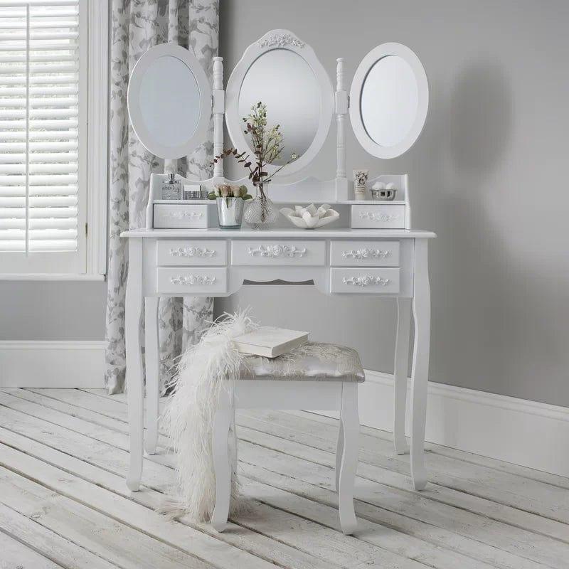 GAOMON Vanity Desk with Mirror, Wood Makeup Dressing Table with Oval Mirror & Stool, Modern Bedroom Dressing Table with 7 Large Drawers for Kids Women Girls,White - Ouch Cart