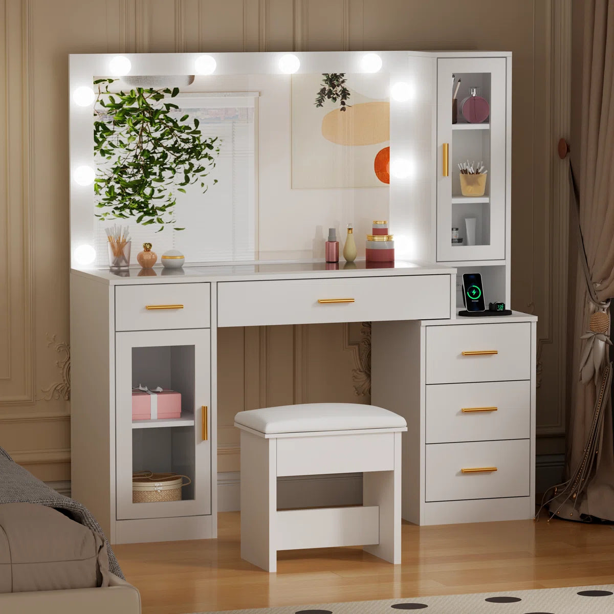 Adriel Large 49.2" Makeup Vanity Table with Stool, Adjustable LED Mirror Lights, and USB Charging Port-OUCH CART | Dressing table