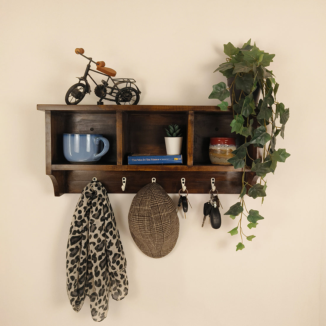 Ambrosia Wooden Wall Shelf Organiser with Key Holders  -OUCH CART | Wall hanging