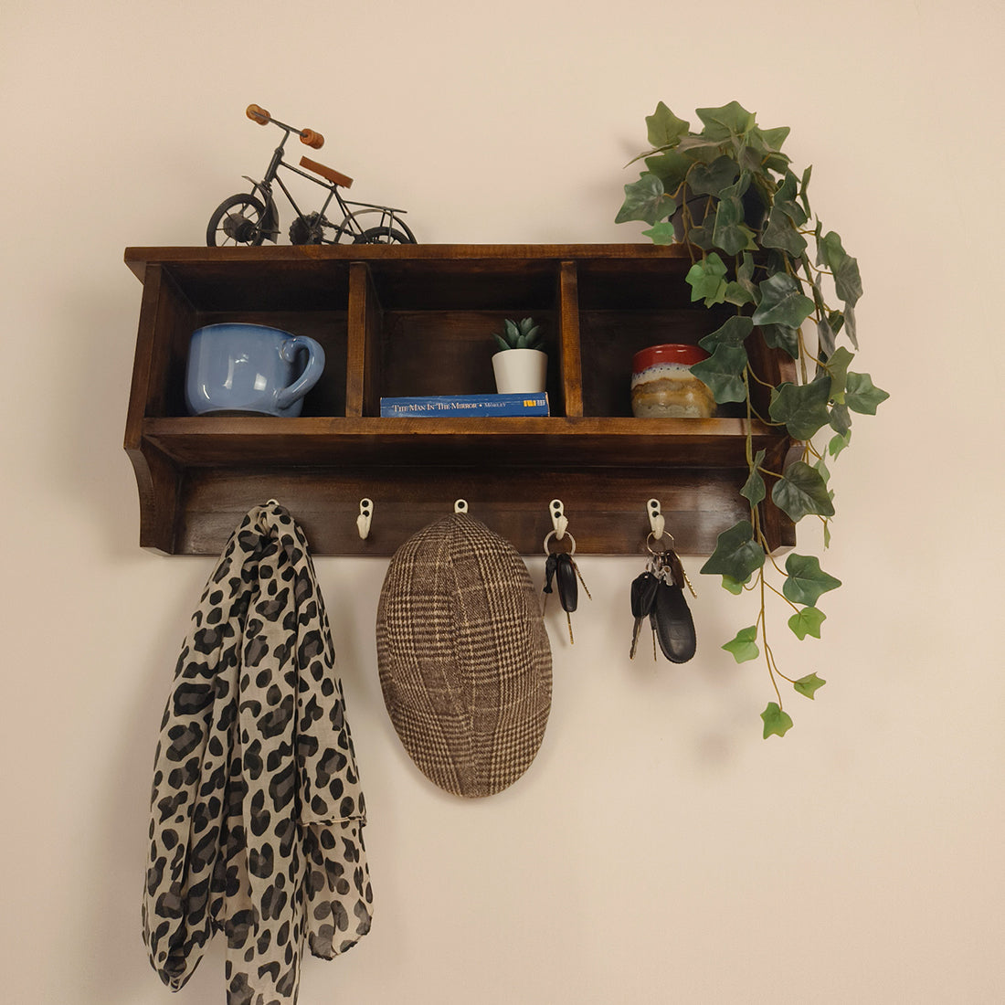 Ambrosia Wooden Wall Shelf Organiser with Key Holders  -OUCH CART | Wall hanging