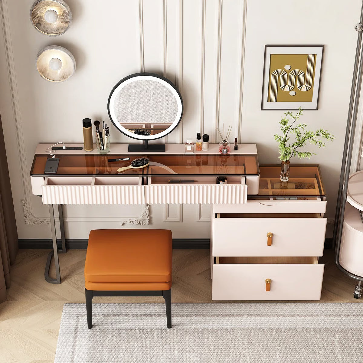 Andraz Modern Corner Makeup Vanity Desk with Glass Top and Integrated Power